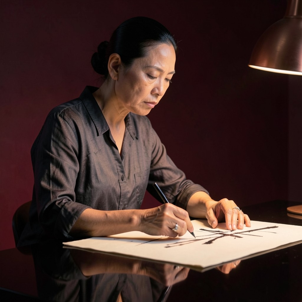Portrait of Malee Srisuk, a Thai woman drawing a large ink chart on ivory paper at a wood table.