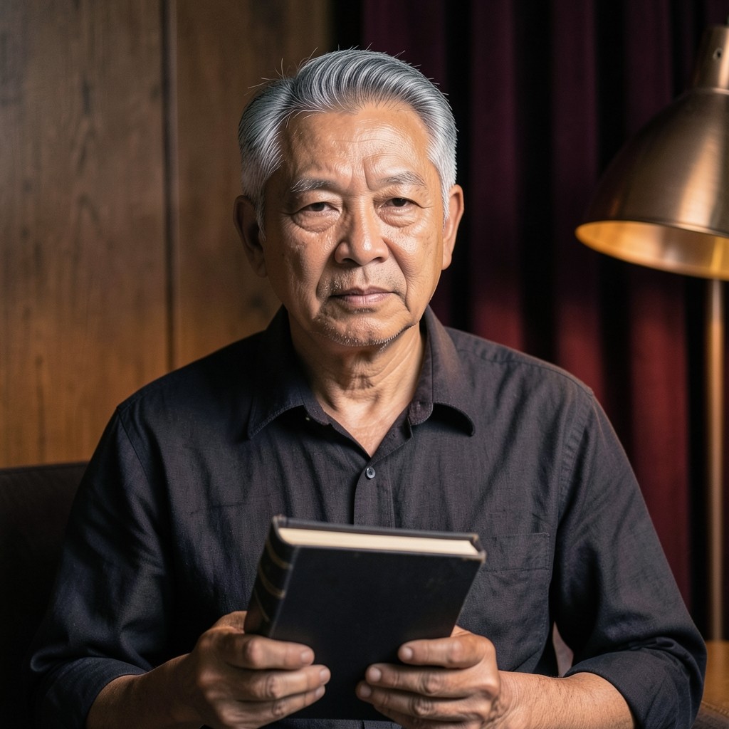 Portrait of Niran Chaiprasert, a Thai man in his fifties, holding a bound budget volume in a dark wood room.