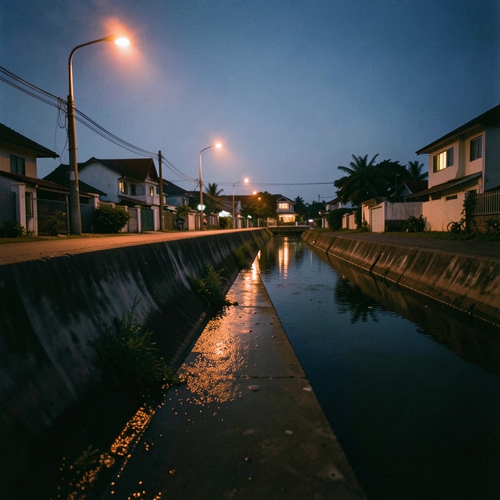A drainage canal beside a Bangkok side street at dusk, with warm copper light on the concrete edge.
