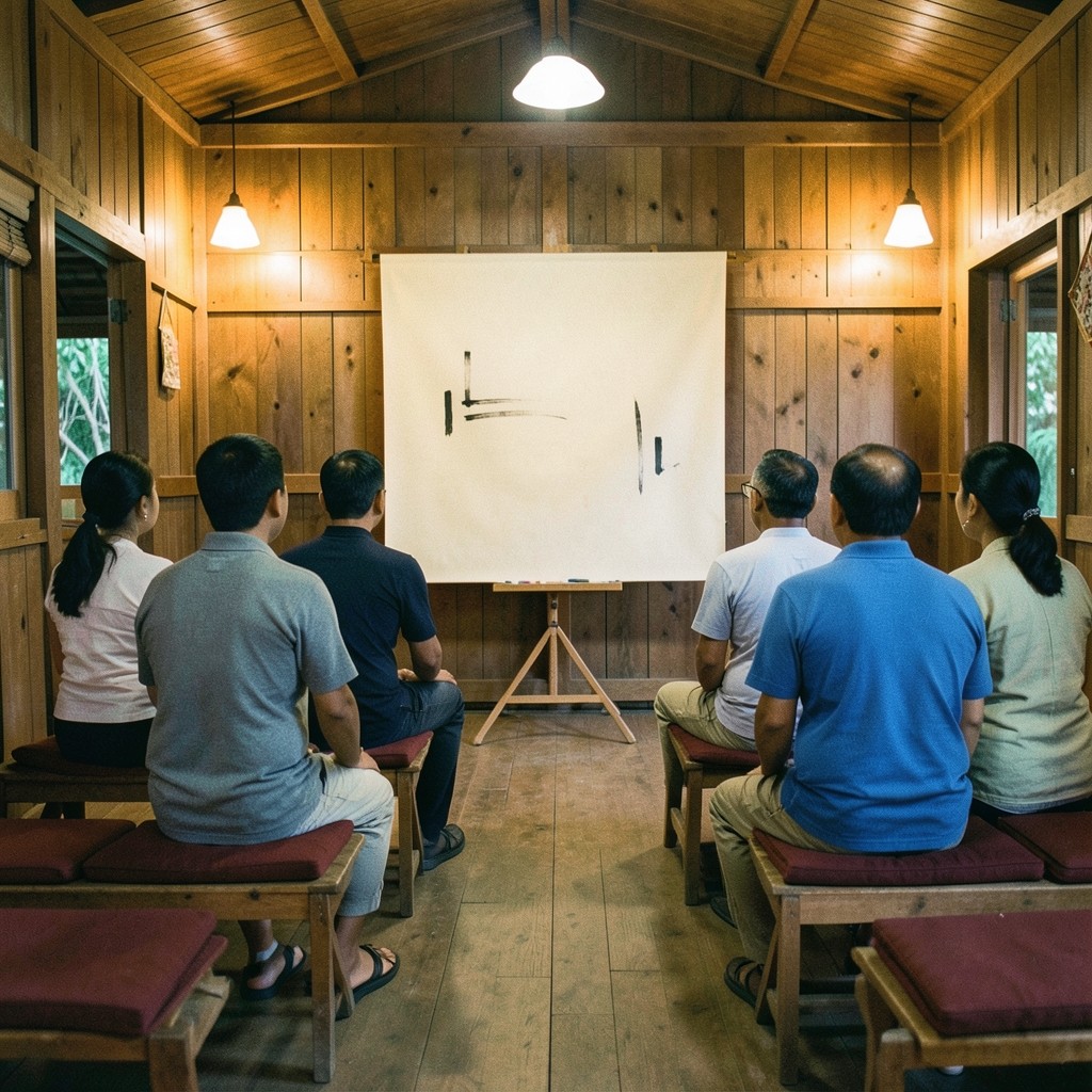 Adults seated in a modest wooden community hall facing a large paper sheet on an easel.