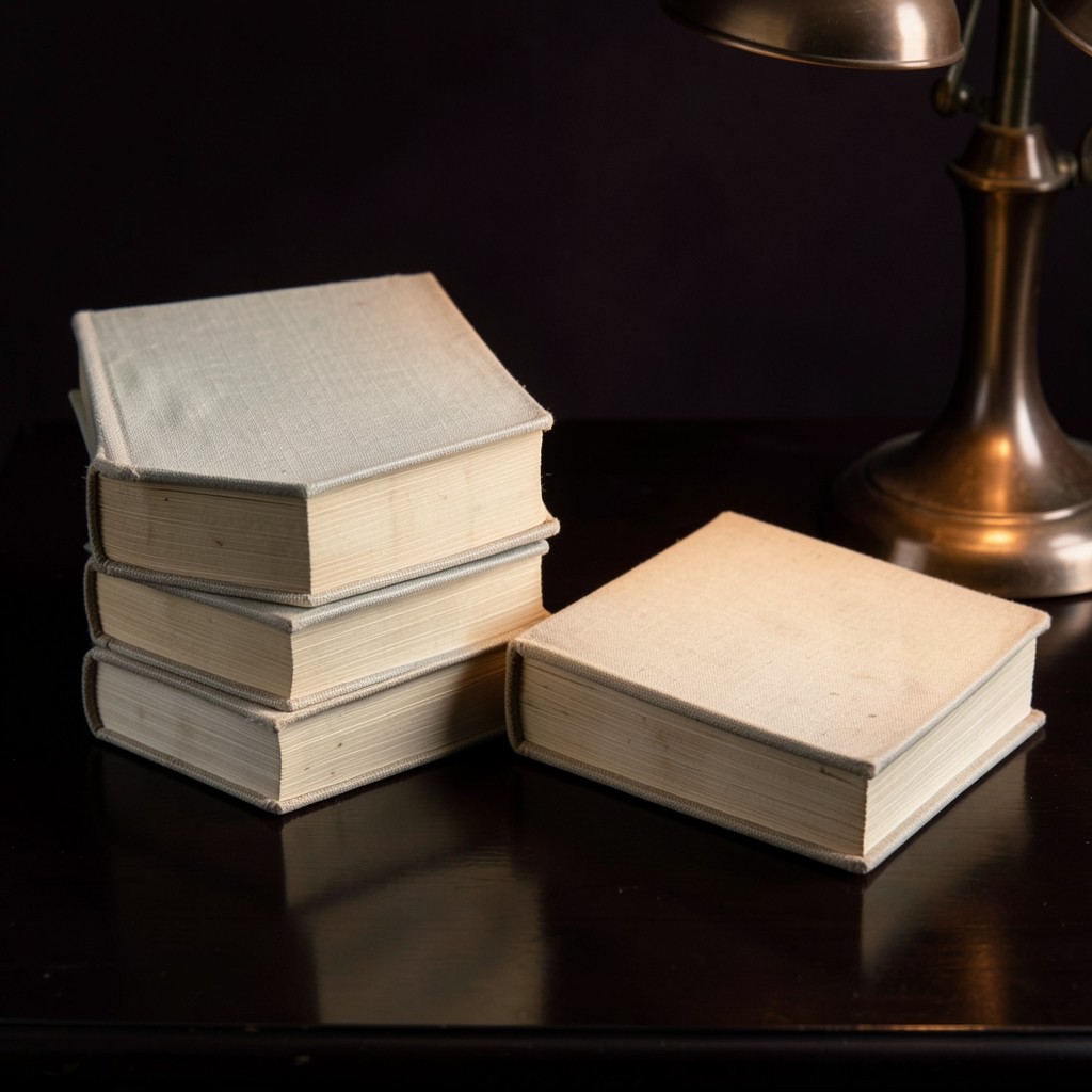 Two stacks of bound annual volumes of different thickness on a dark lacquered table.