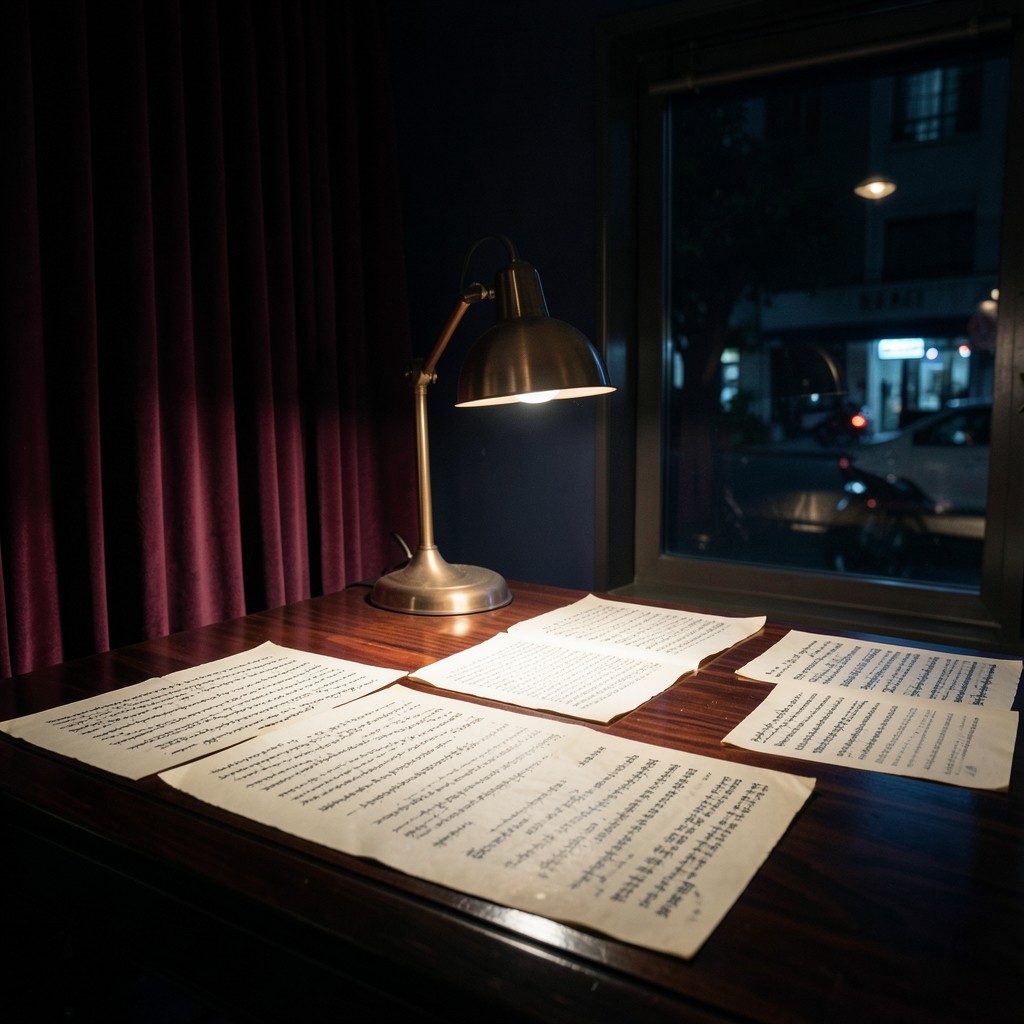 Large ivory budget charts spread on a dark lacquered table, lit by a copper lamp beside a burgundy velvet curtain.