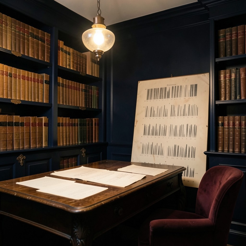 A quiet room with bound budget volumes on a dark wood shelf and a large ink chart leaning against the wall.