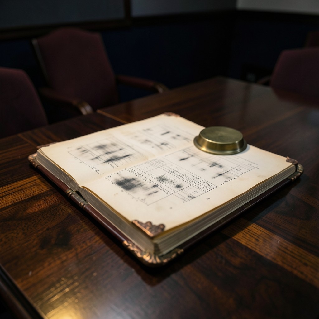 An open bound folio of ink charts on a dark wood table.