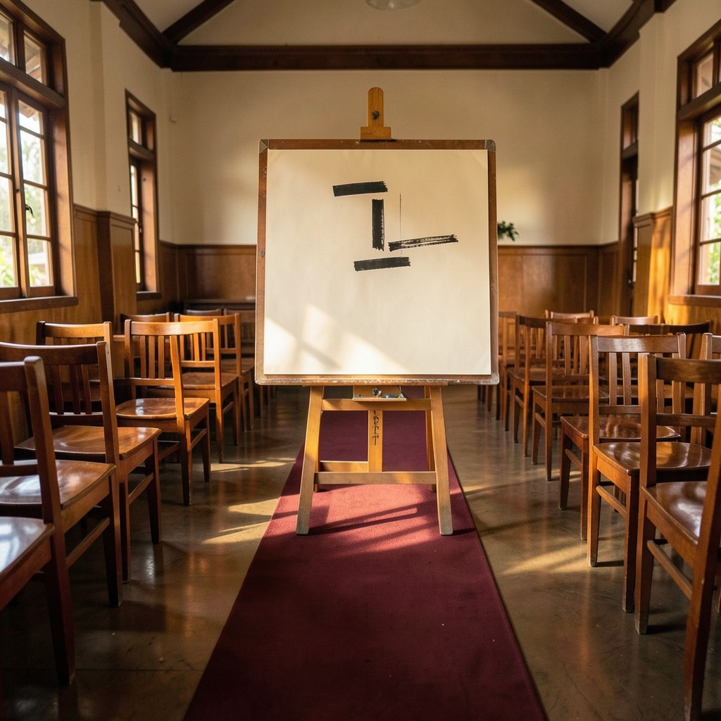 A large ivory paper sheet pinned to a wooden easel in a modest community hall, marked with simple ink bars.
