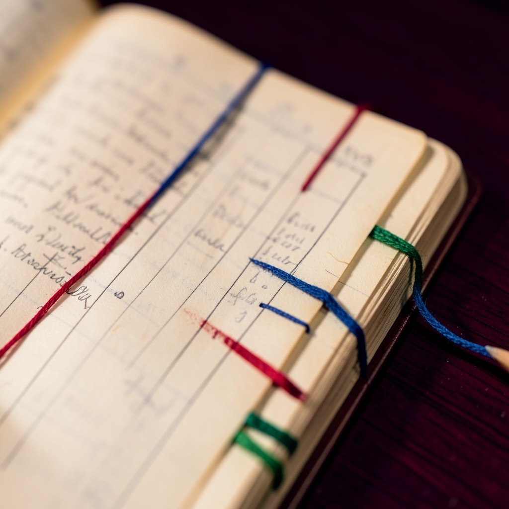 An open budget ledger on dark wood with cotton thread markers and a pencil resting in the gutter.
